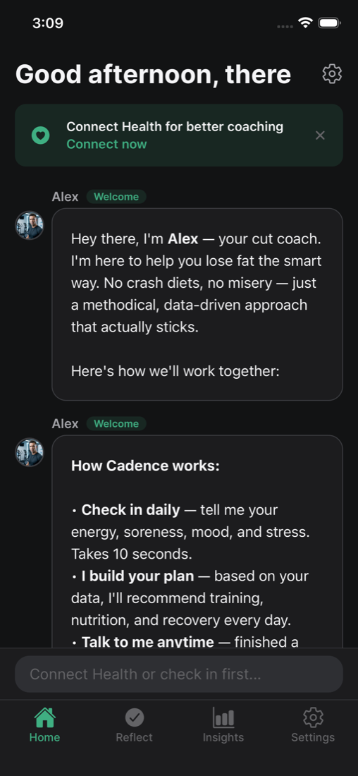 Cadence home screen showing today's readiness score and coaching summary